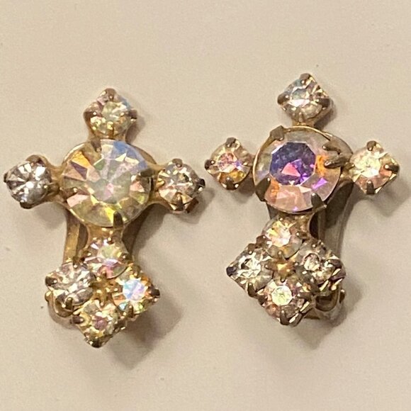 Vintage Crystal Cross Clip-On Earrings - Picture 1 of 5